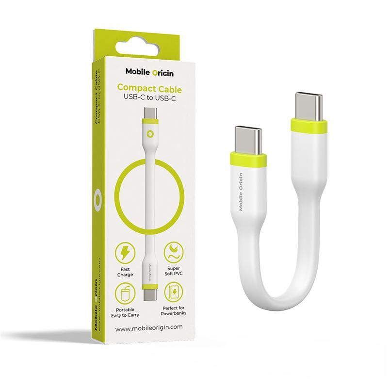 Cablu pentru incarcare si transfer de date Mobile Origin Compact, 2x USB-C, 60W, 10 cm, Alb